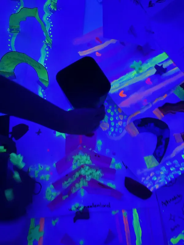 Pop-up planets painted with glow-in-the-dark colours under UV light